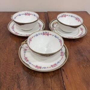 Set 3 VTG Black Knight Hohenberg Bavaria China Tea Cup & Saucer Pink Roses